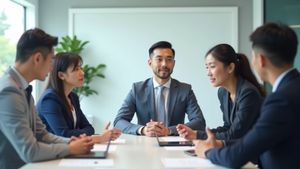 Professional team in collaborative discussion, seated around table, engaged body language