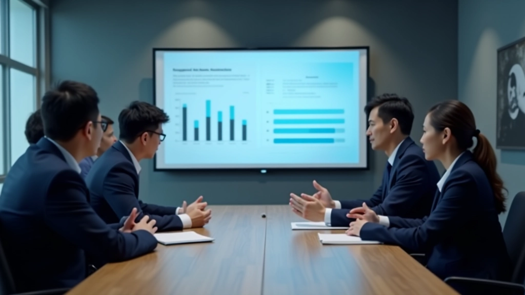 Team of executives in meeting room reviewing strategic options on presentation screen with multiple choice frameworks visible