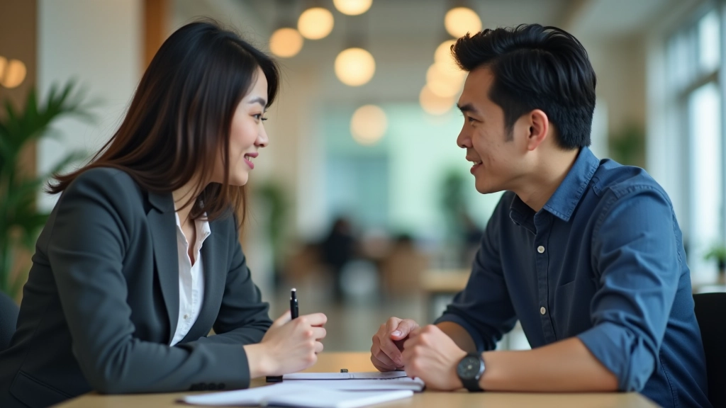 Manager and employee having constructive one-on-one coaching conversation at office table with notebook