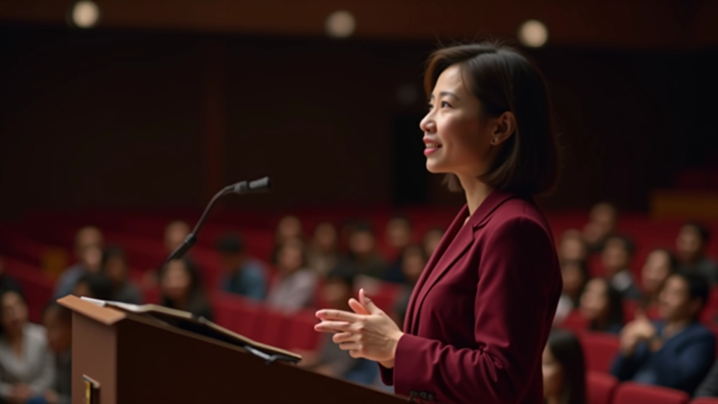 Leader presenting to audience in auditorium with engaged attendees taking notes