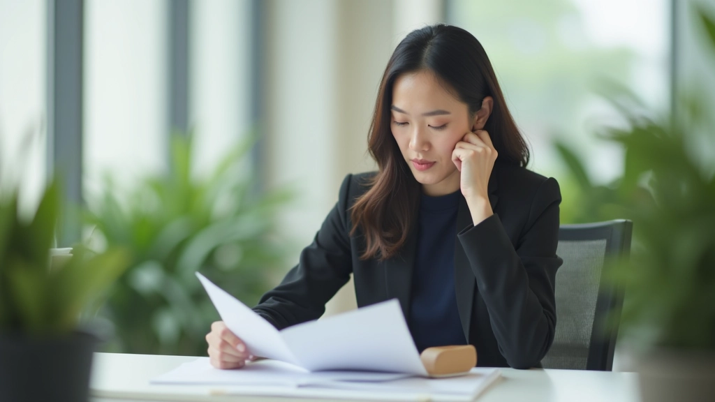 Professional woman at desk reviewing documents, focused expression, organized workspace